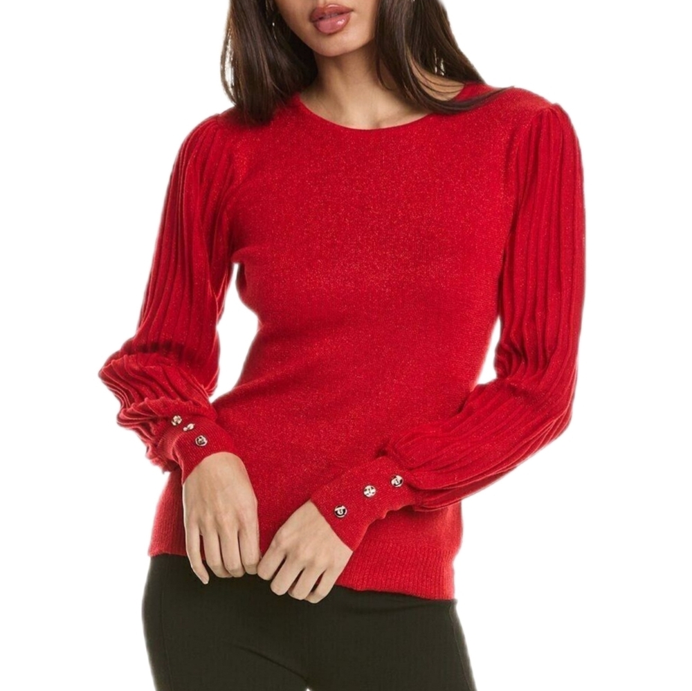 NANETTE by nanette lepore Red Metallic Pleated Puff Sleeve Sweater | L